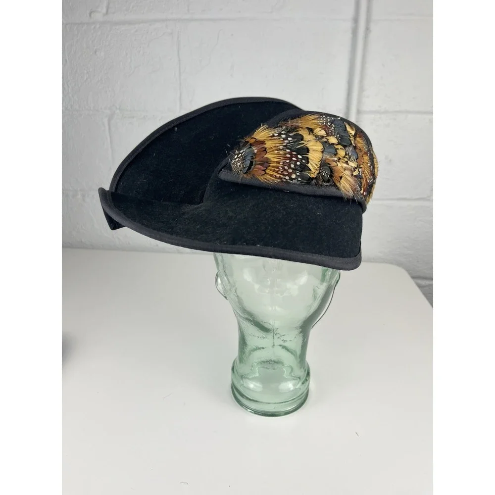 Vintage 40s 50s Tilt Hat Black Feather Brown Tan Felt USA Asymmetrical Wool Felt